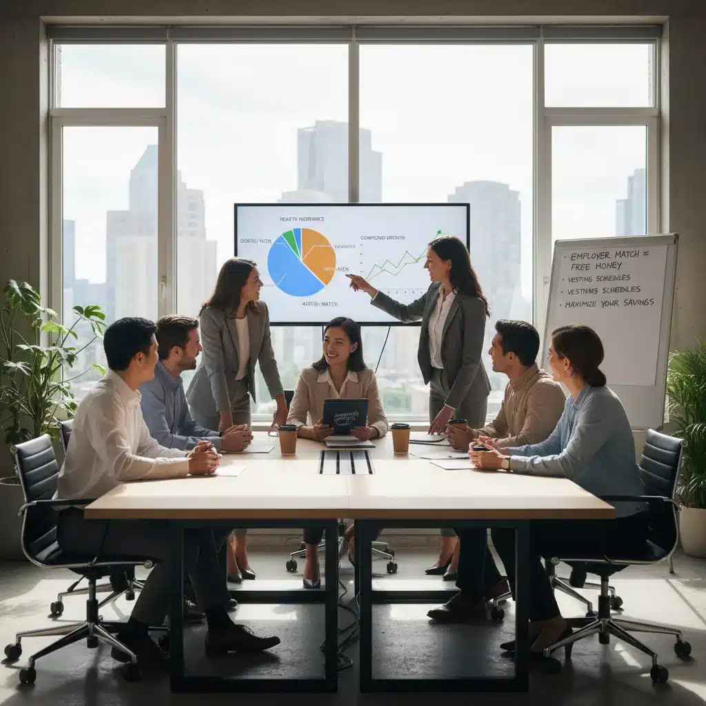 Colleagues discussing employer 401(k) match benefits
