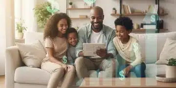 Happy family reviewing finances on a tablet, symbolizing 2026 tax credit savings.