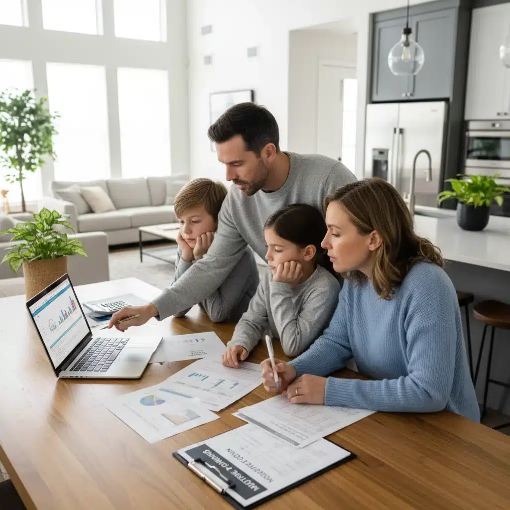 Family discussing mortgage options and financial planning at kitchen table