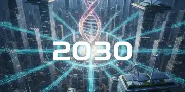 Illustration of interconnected AI, biotech, and renewable energy concepts for 2030 career growth