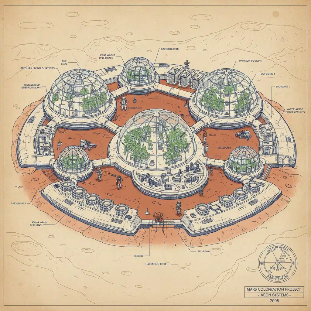 Architectural diagram of a future human habitat on Mars with modular living quarters and scientific labs.