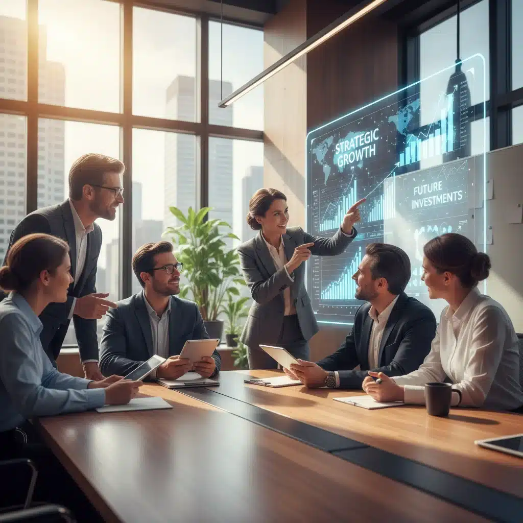 Professionals collaborating in an office, discussing economic strategies and future investments.