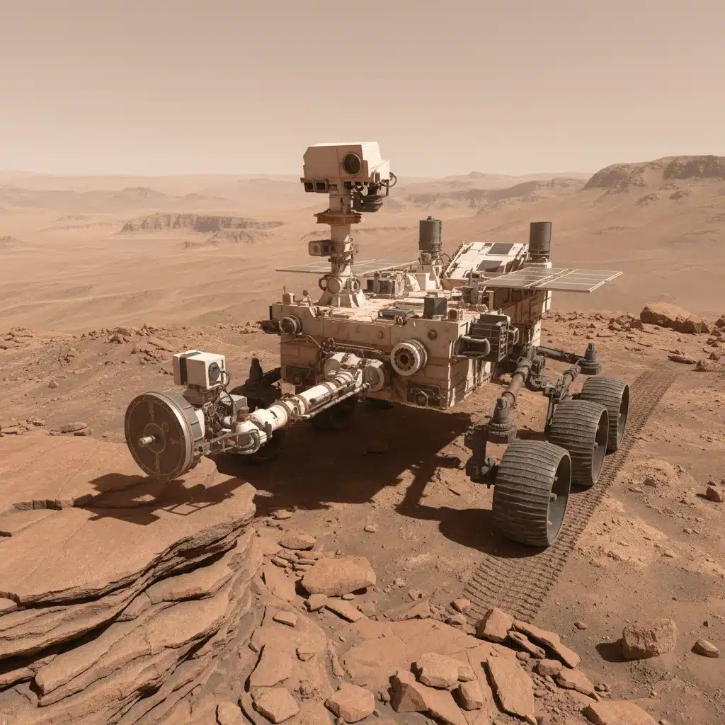 Robotic rover equipped with scientific instruments on the rocky, red Martian surface.