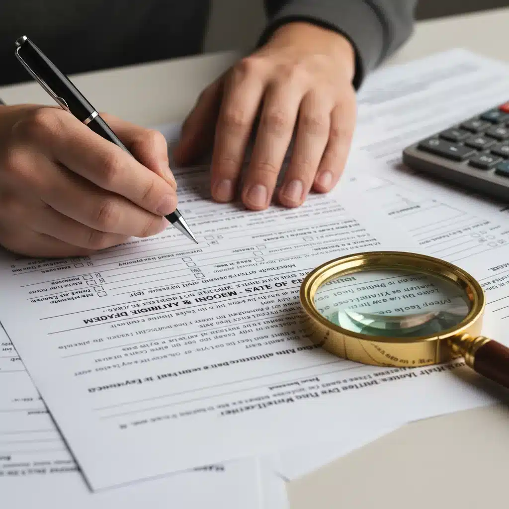 Hands filling out Medicaid eligibility form with magnifying glass, illustrating application process.