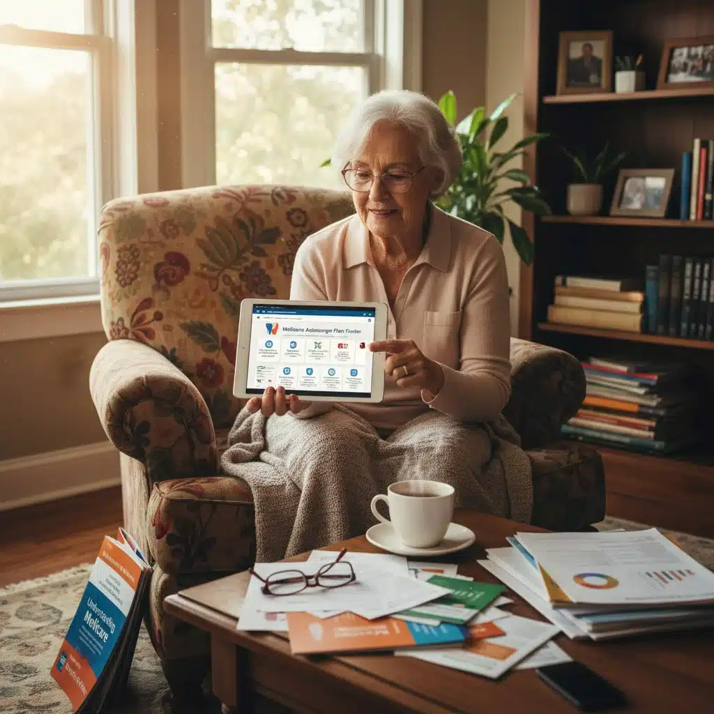 Senior woman researching Medicare Advantage plans on a tablet