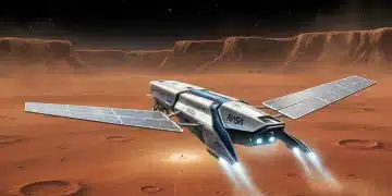 Artistic rendering of a NASA spacecraft approaching the red Martian surface with solar panels extended.