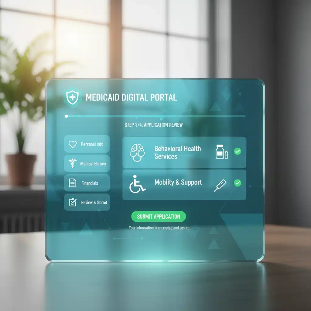 Secure online portal for Medicaid application with healthcare icons, showing digital submission.