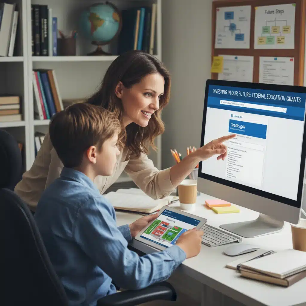 Parent and child researching federal education grants online, showing proactive engagement.