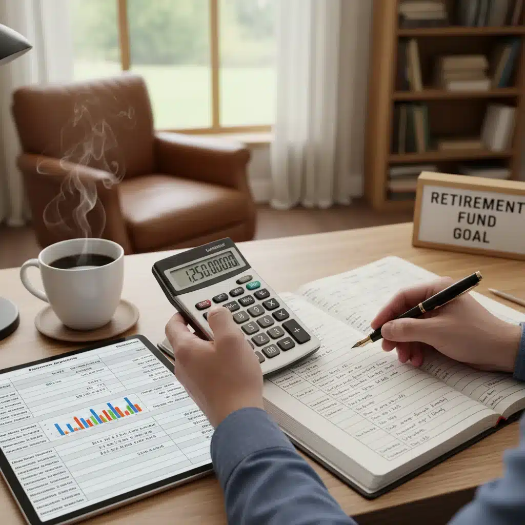 Hands using a calculator to plan retirement budget and finances.
