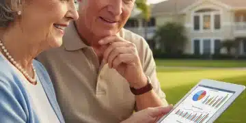 Senior couple reviewing retirement finances on a tablet, symbolizing a secure future with Social Security.