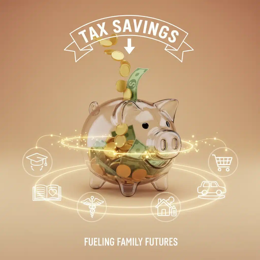 Piggy bank receiving money, surrounded by family expense icons, symbolizing tax savings.