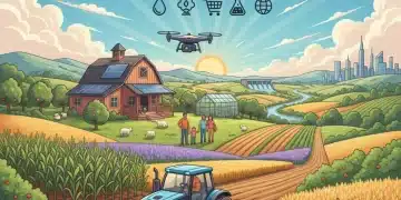 Illustration of diverse crops, a tractor, and a farm, representing the comprehensive nature of the 2026 Farm Bill's impact on agriculture.