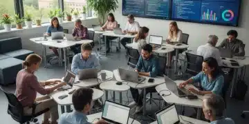 Adults learning digital skills in a modern classroom environment