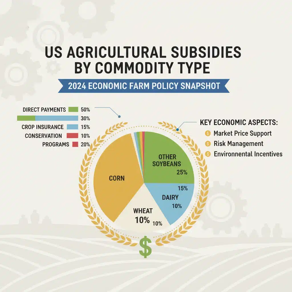 Infographic displaying the allocation of agricultural subsidies by commodity, illustrating the economic structure of farm support programs.