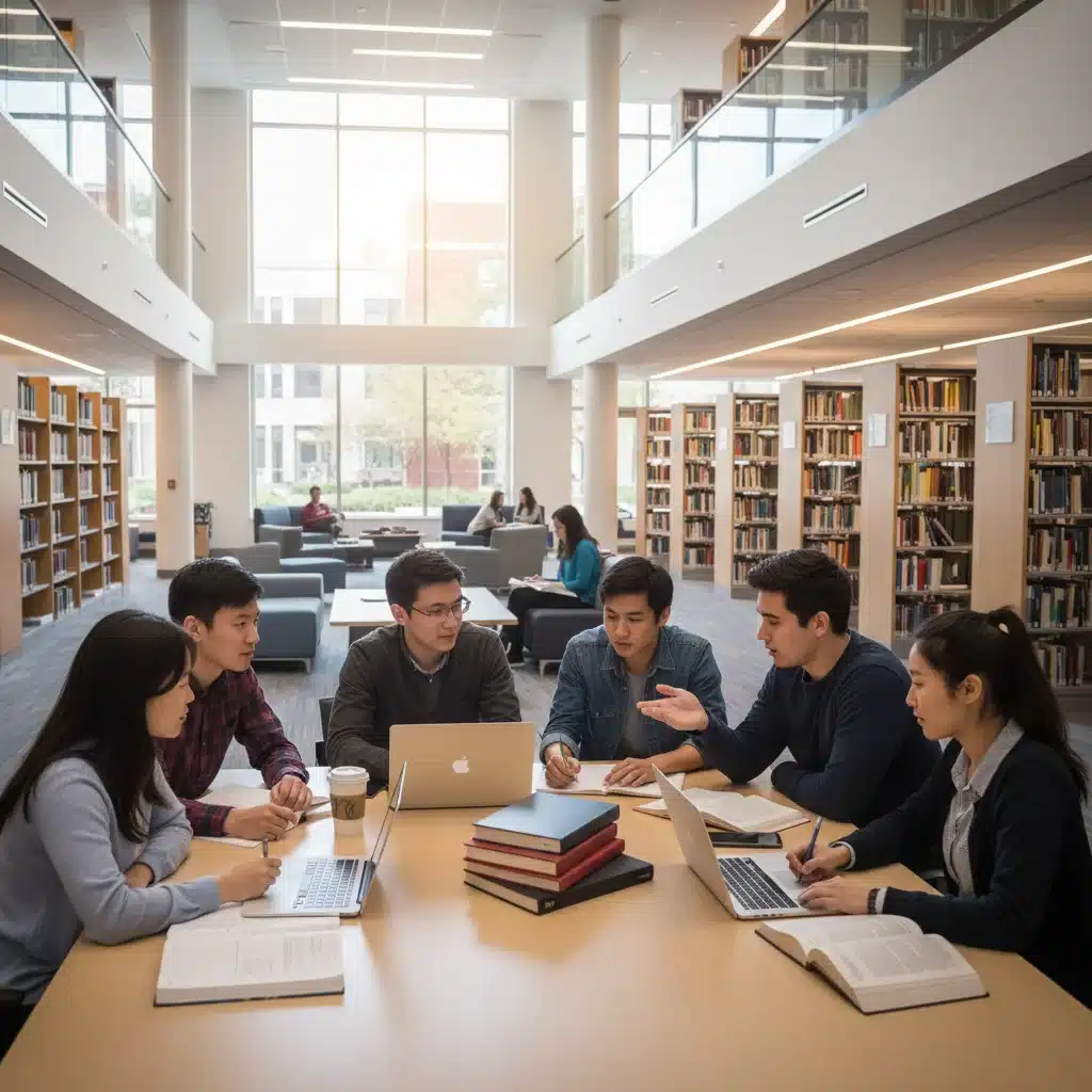Diverse college students collaborating on a project in a university library