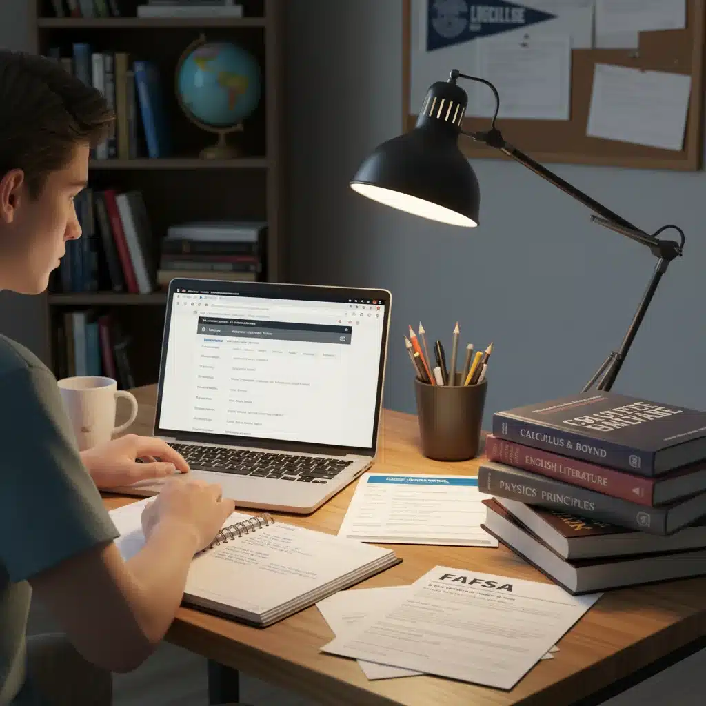 Student meticulously planning college applications and financial aid forms