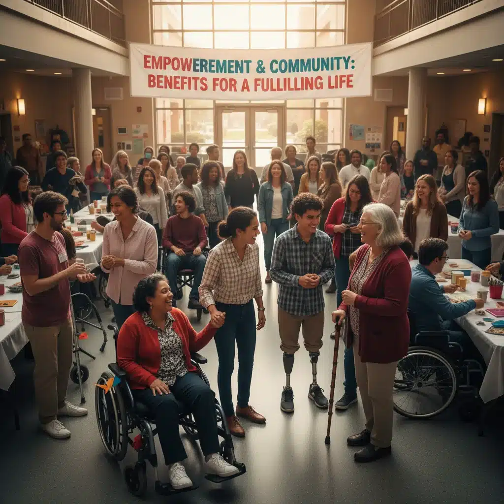 Diverse group of people with disabilities in a supportive community setting.