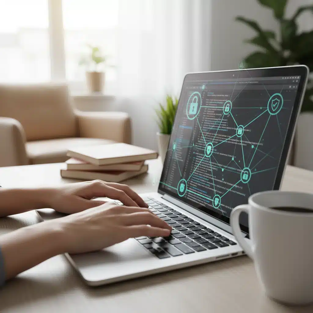 Hands typing on a laptop, illustrating cybersecurity and data management skills