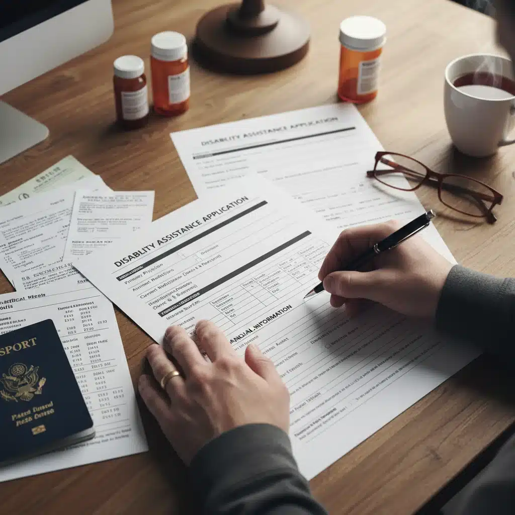 Hands filling out a disability benefit application form with pen and documents.