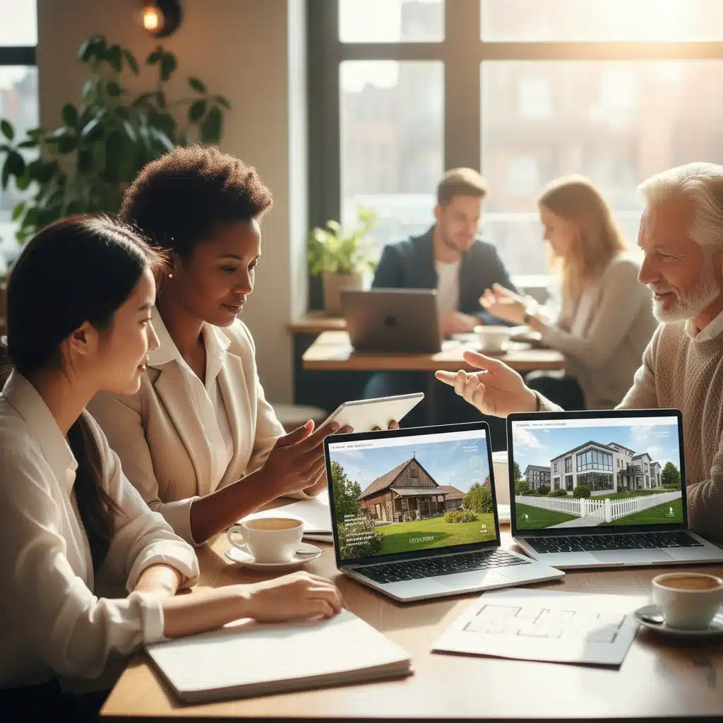 Diverse buyers researching homes on a tablet, symbolizing market demographics