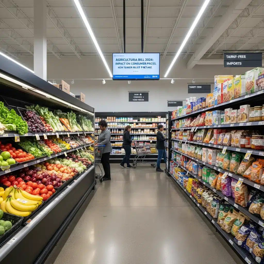 Grocery store aisle with various food products and shoppers, symbolizing the impact of farm policies on consumer food prices.
