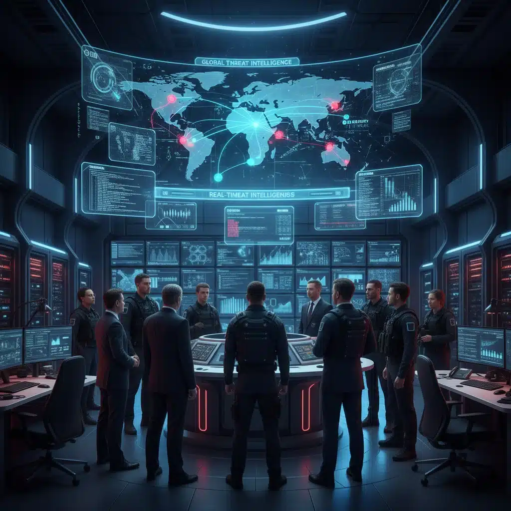 Command center with government officials and cybersecurity experts analyzing real-time threat intelligence for national defense.