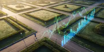 Aerial view of a person jogging in a geometrically designed park with integrated, glowing financial data visualizations representing market trends and economic indicators at dawn, symbolizing financial navigation and understanding.