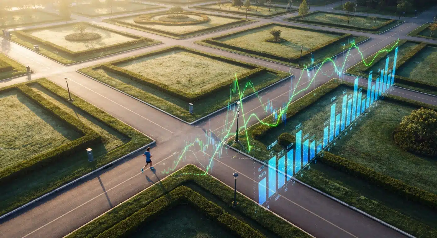 Aerial view of a person jogging in a geometrically designed park with integrated, glowing financial data visualizations representing market trends and economic indicators at dawn, symbolizing financial navigation and understanding.