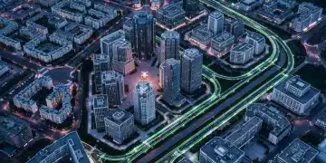Aerial view of a futuristic city grid with geometric patterns, representing financial planning and urban development at dusk, with soft neon lights.