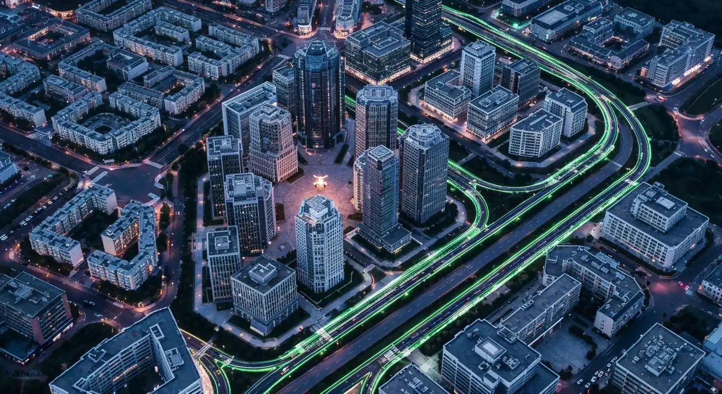 Aerial view of a futuristic city grid with geometric patterns, representing financial planning and urban development at dusk, with soft neon lights.