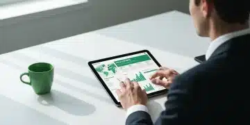 Person viewing economic news infographic on a tablet, demonstrating the link between current events and financial planning, set on a minimalist desk.