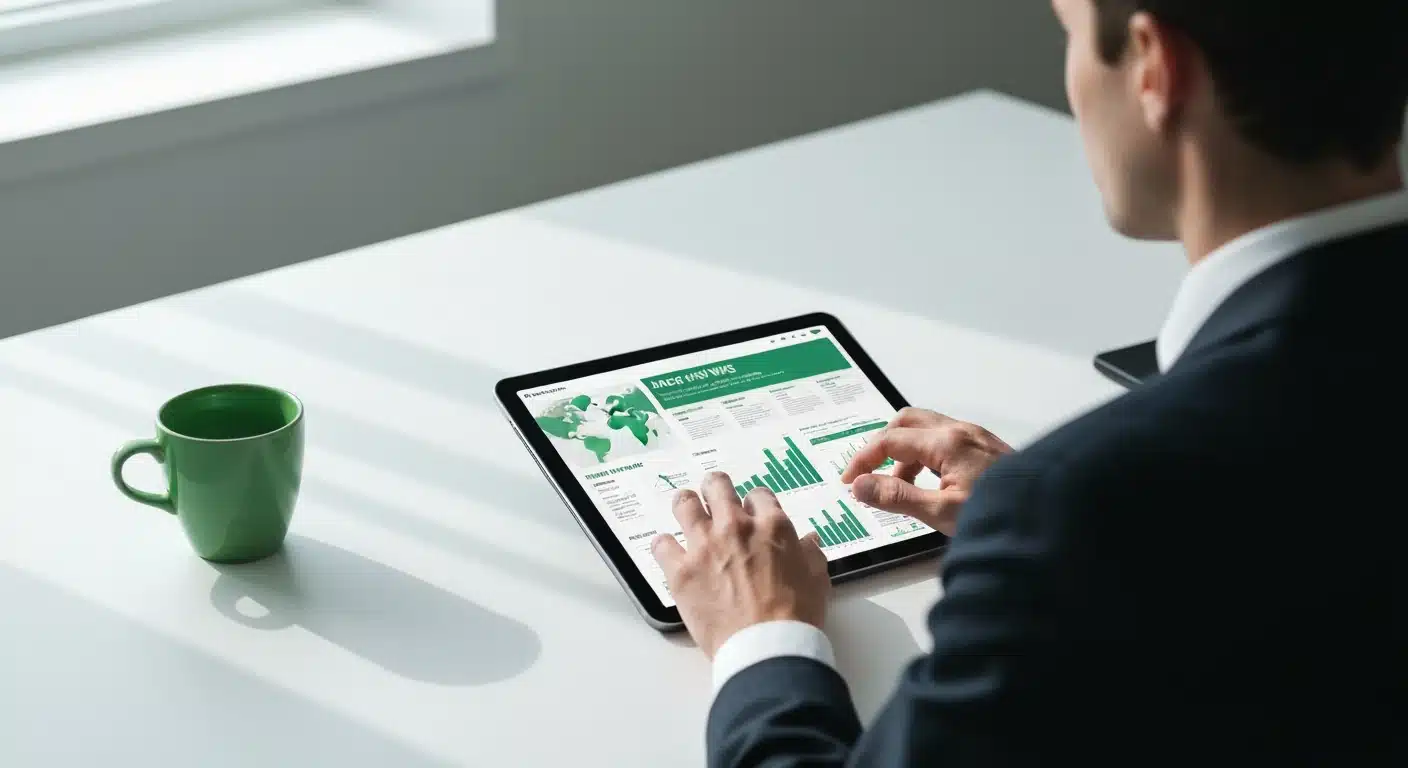 Person viewing economic news infographic on a tablet, demonstrating the link between current events and financial planning, set on a minimalist desk.