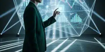 A person engaging with a vast, glowing display of financial news charts and economic indicators, symbolizing the navigation of complex market data.