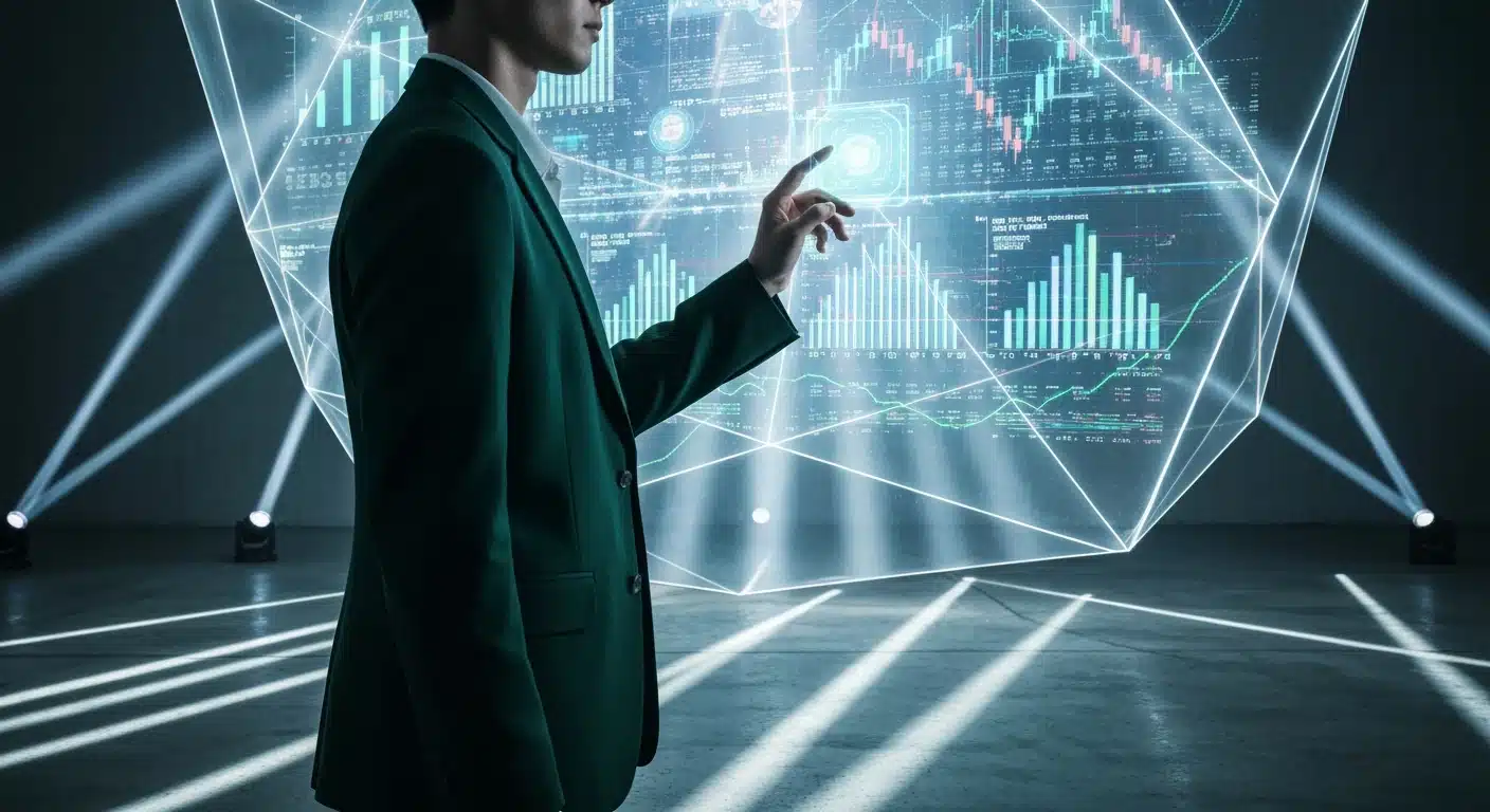 A person engaging with a vast, glowing display of financial news charts and economic indicators, symbolizing the navigation of complex market data.