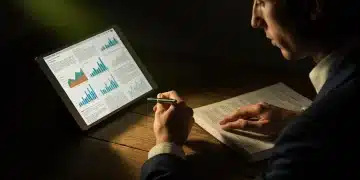 A person intently reading financial news on a tablet, illuminated by a warm green glow in a dark room, highlighting the focus on learning and making informed financial decisions.
