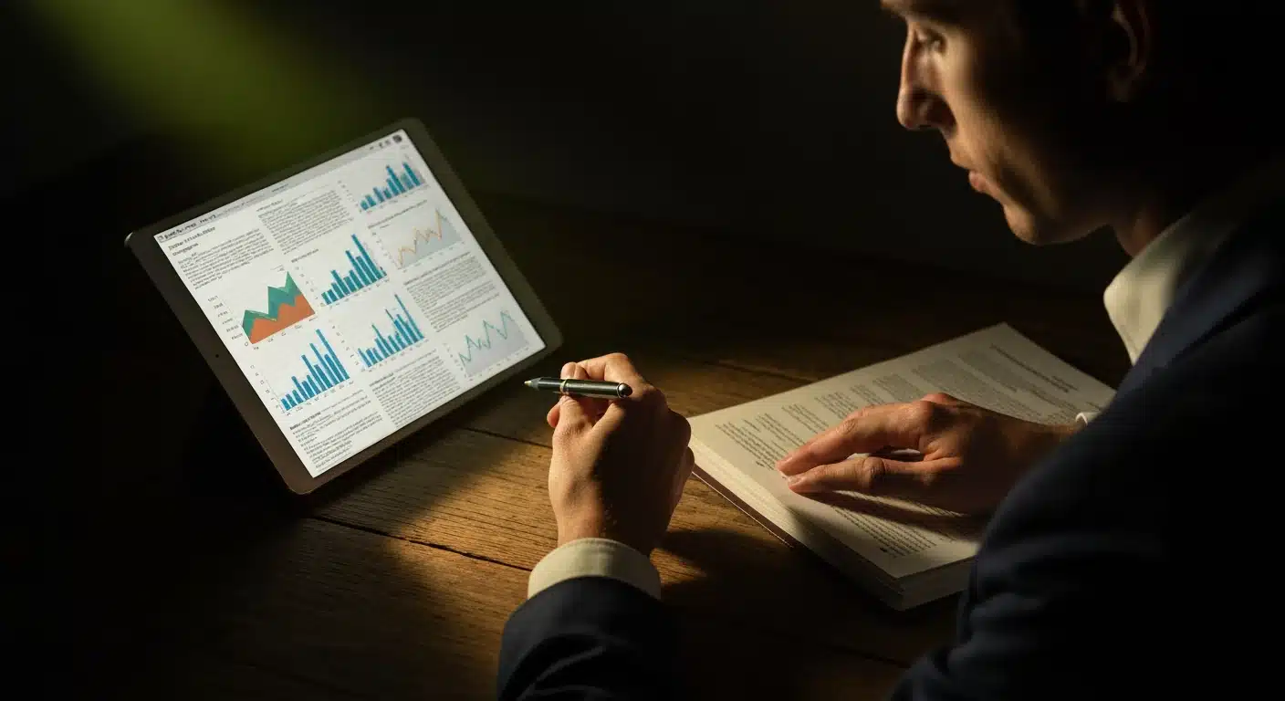 A person intently reading financial news on a tablet, illuminated by a warm green glow in a dark room, highlighting the focus on learning and making informed financial decisions.