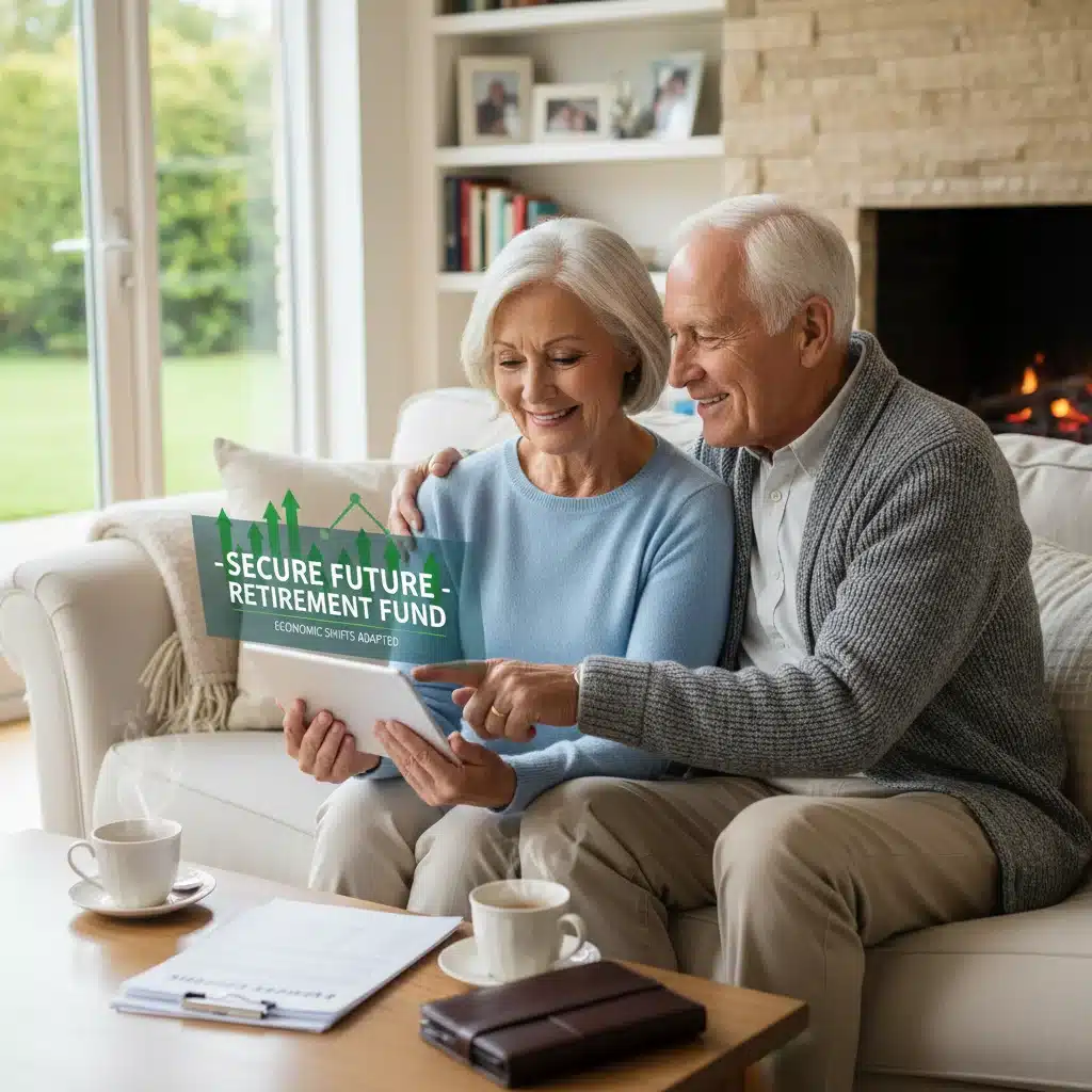 Happy retired couple reviewing finances on tablet