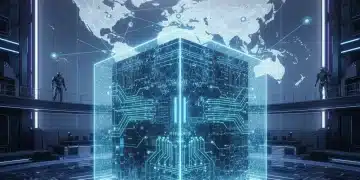 Secure data center with global cyber network protection, symbolizing national cyber security in 2026.