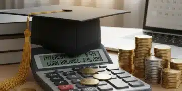Calculator showing increased interest rates with a graduation cap and coins, representing student loan financial planning.