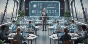AI-powered classroom of the future with students and teacher