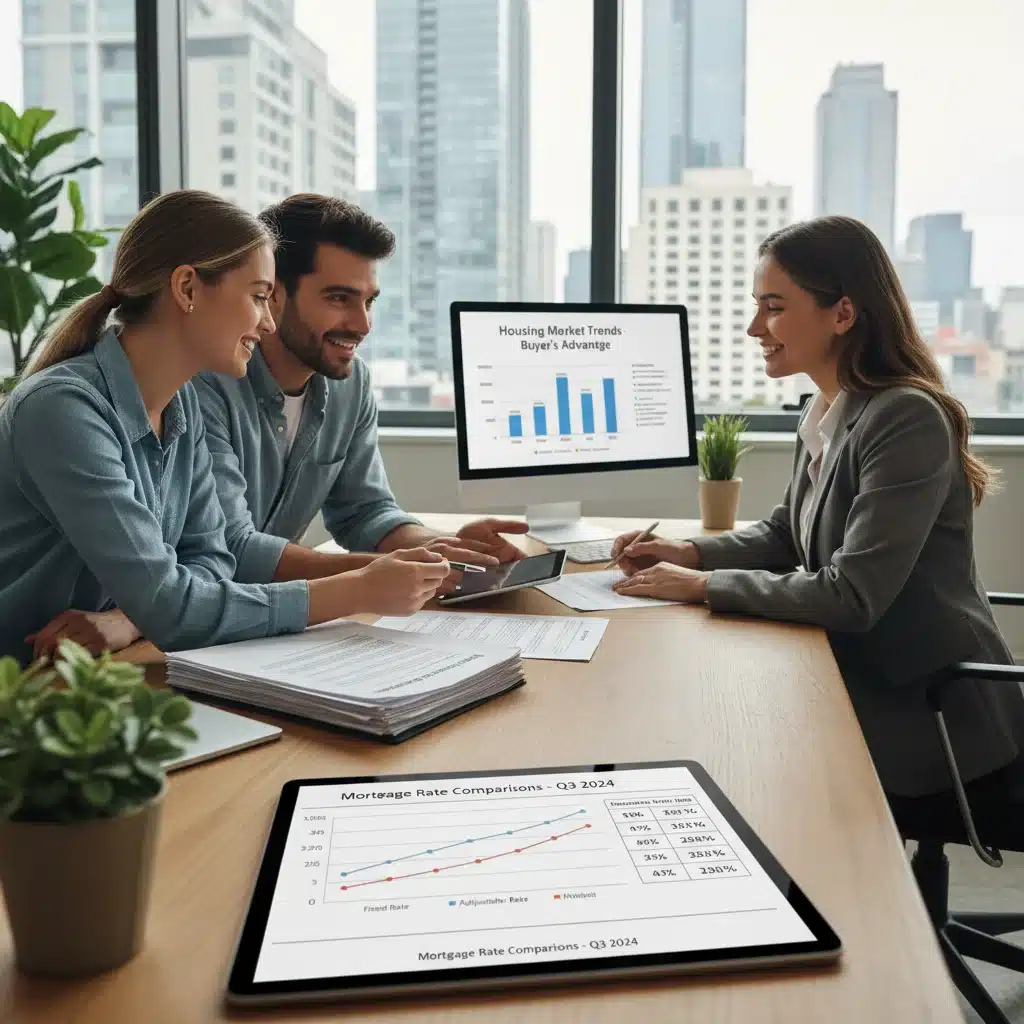 Couple discussing mortgage options with a real estate agent, navigating the 2026 housing market.
