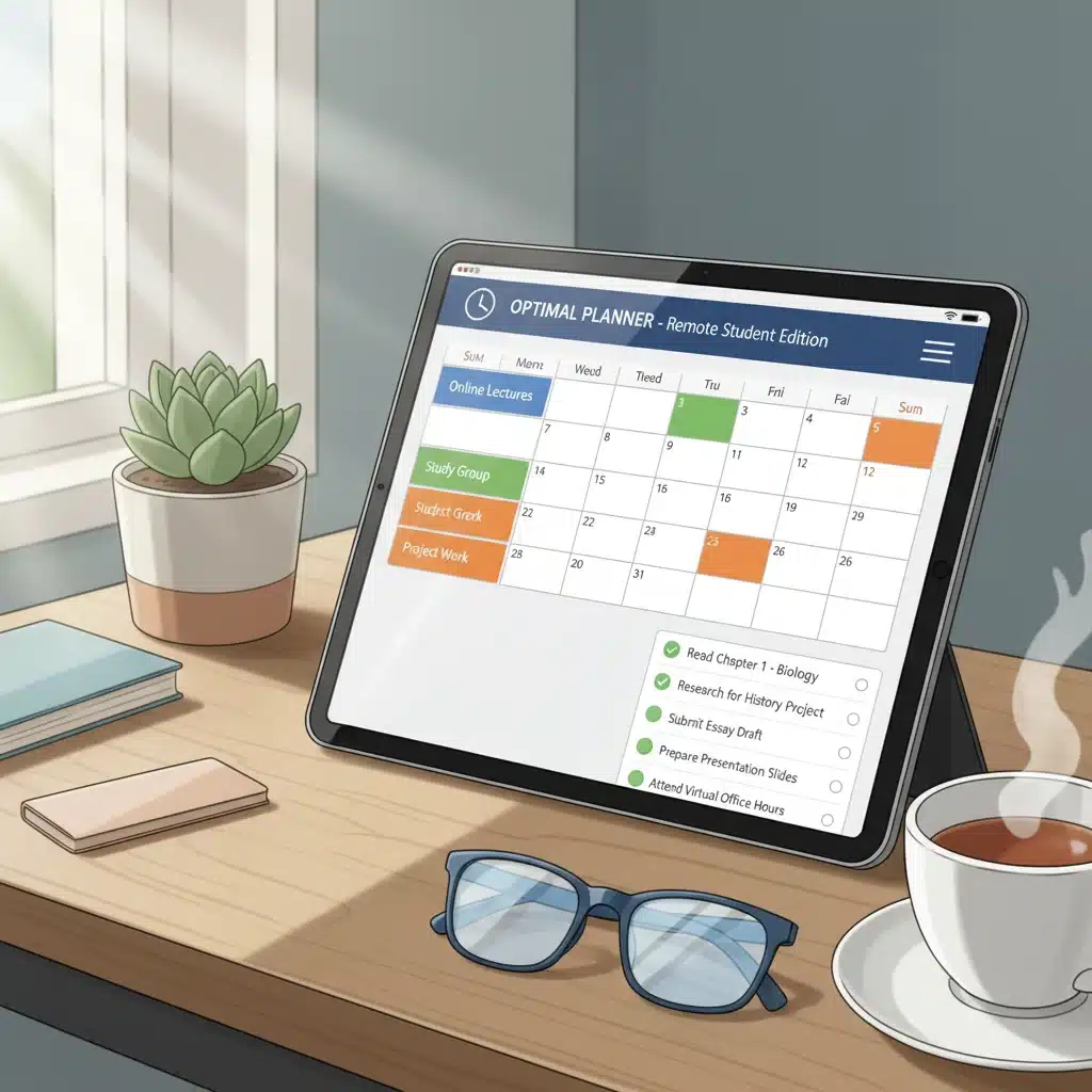 Digital calendar and task list for remote learning time management.