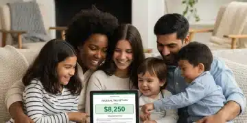 Family happily reviewing tax refund information on a tablet