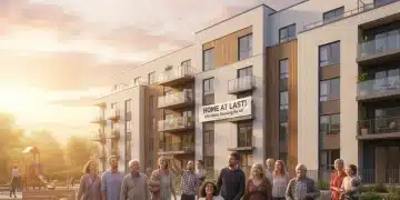 Families standing hopefully in front of an affordable housing complex, symbolizing housing assistance.