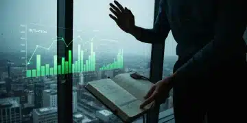 A person reviews complex economic indicators on a digital overlay against a city backdrop while holding a financial journal, representing the connection between financial news and personal budgeting.