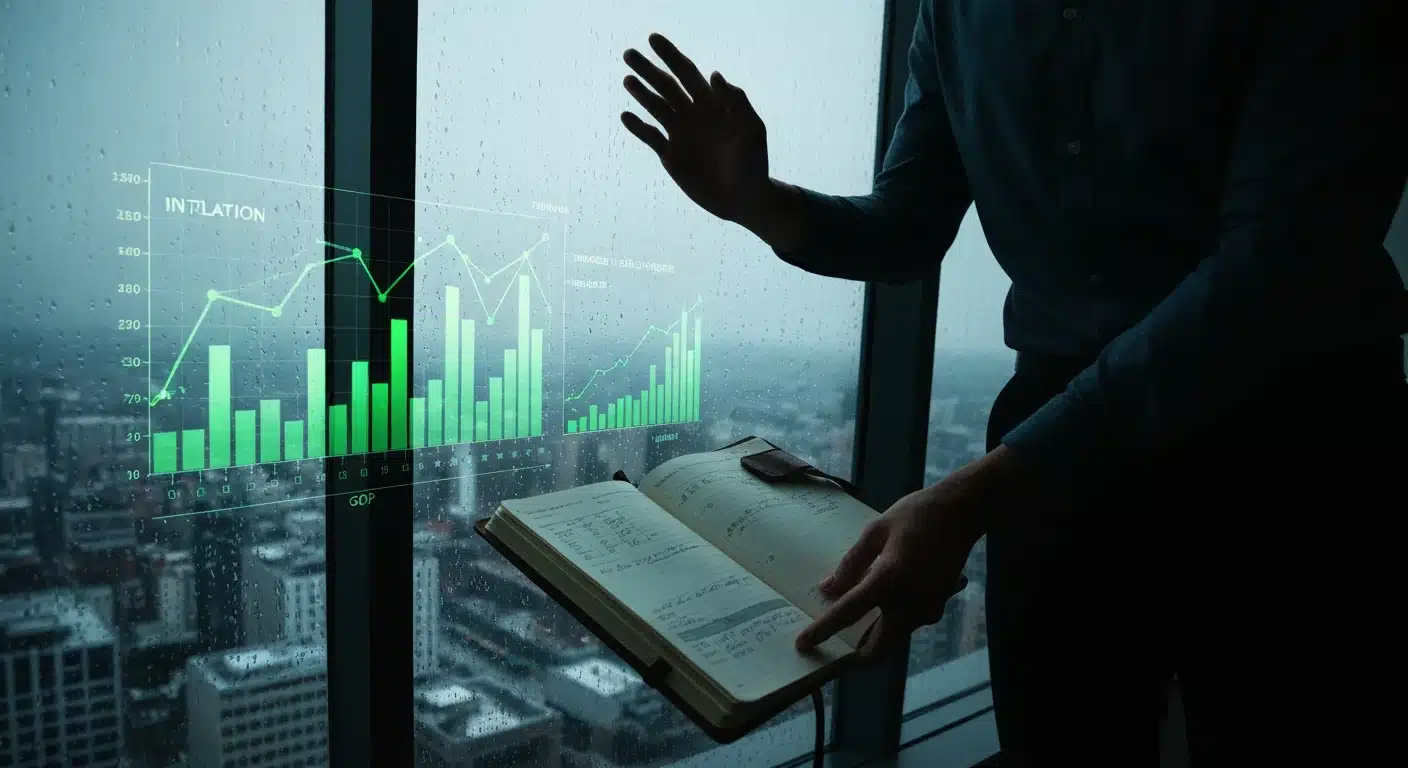 A person reviews complex economic indicators on a digital overlay against a city backdrop while holding a financial journal, representing the connection between financial news and personal budgeting.