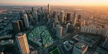 Aerial view of a city grid at dawn, with green digital light trails representing data flow, connecting financial news, education, and benefits for informed decision-making.