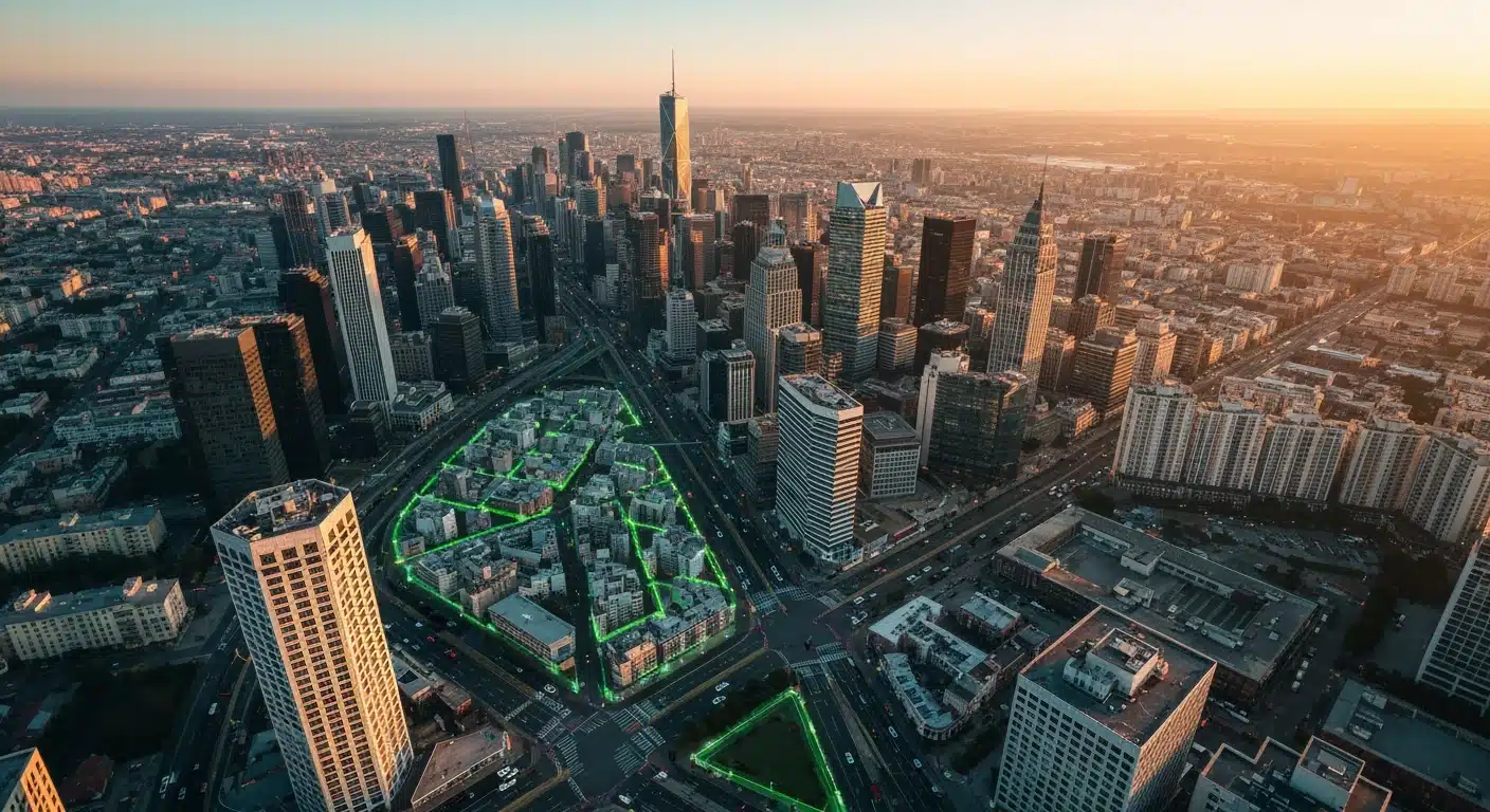 Aerial view of a city grid at dawn, with green digital light trails representing data flow, connecting financial news, education, and benefits for informed decision-making.