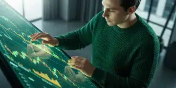 Overhead view of a person in a green sweater interacting with a curved display showing real-time financial market data and green stock charts.