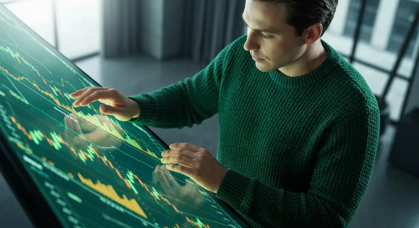 Overhead view of a person in a green sweater interacting with a curved display showing real-time financial market data and green stock charts.